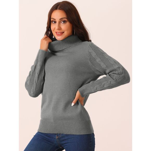 High Neck Long Sleeve Casual Chunky Warm Pullover Sweater Top Gray - Picture 2 of 5